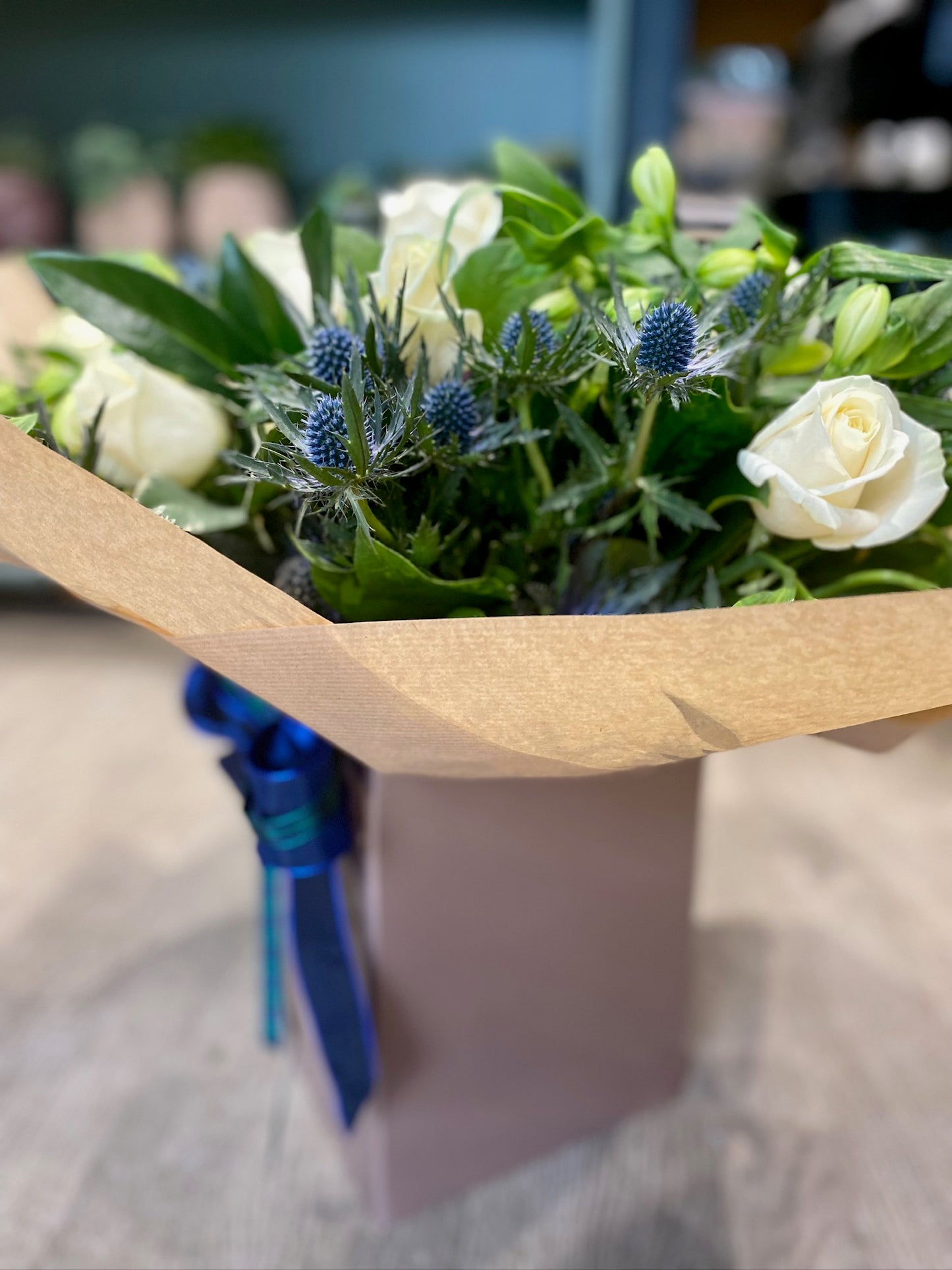 Blue and White Hand Tied Bouquet