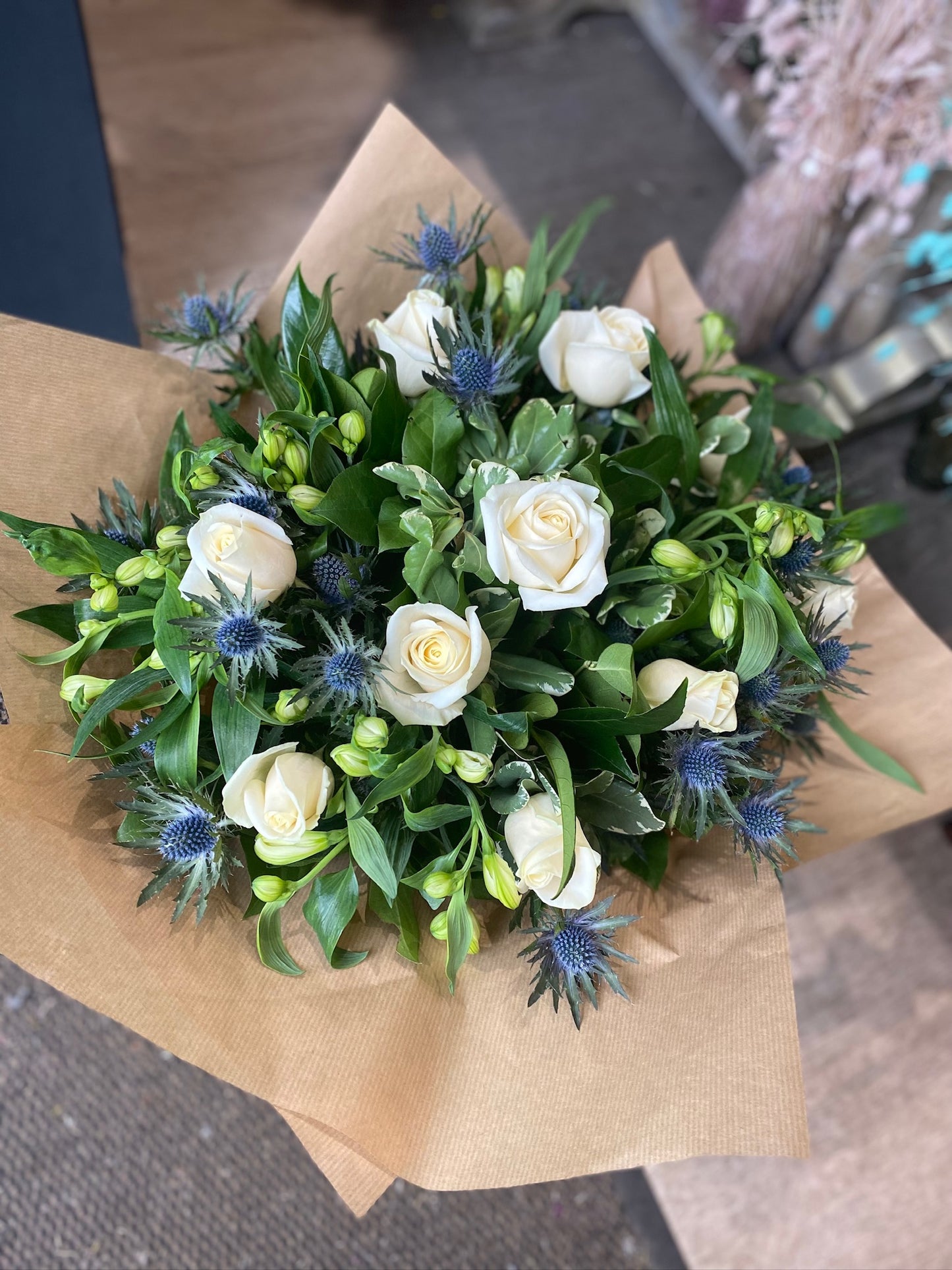 Blue and White Hand Tied Bouquet