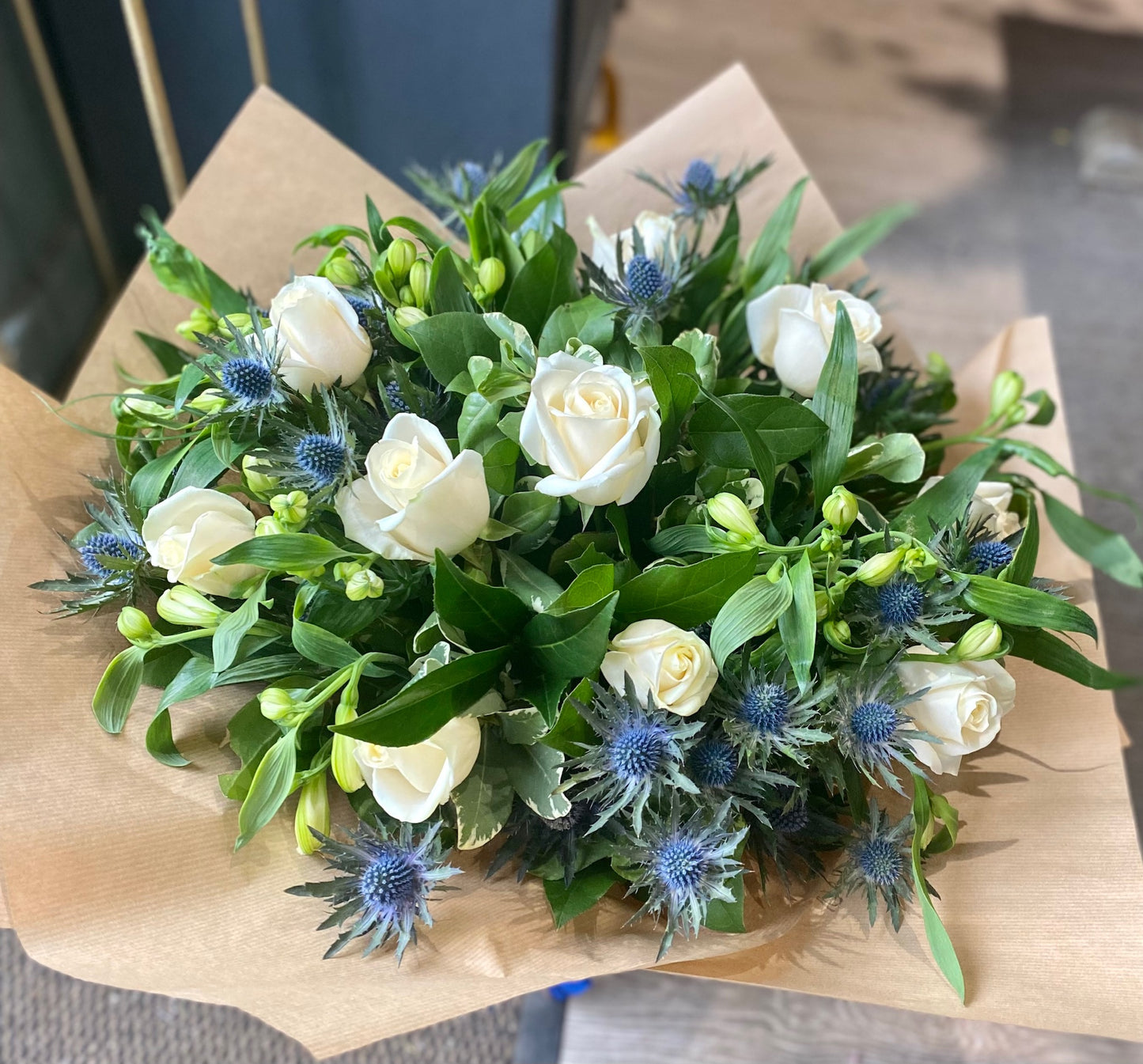 Blue and White Hand Tied Bouquet