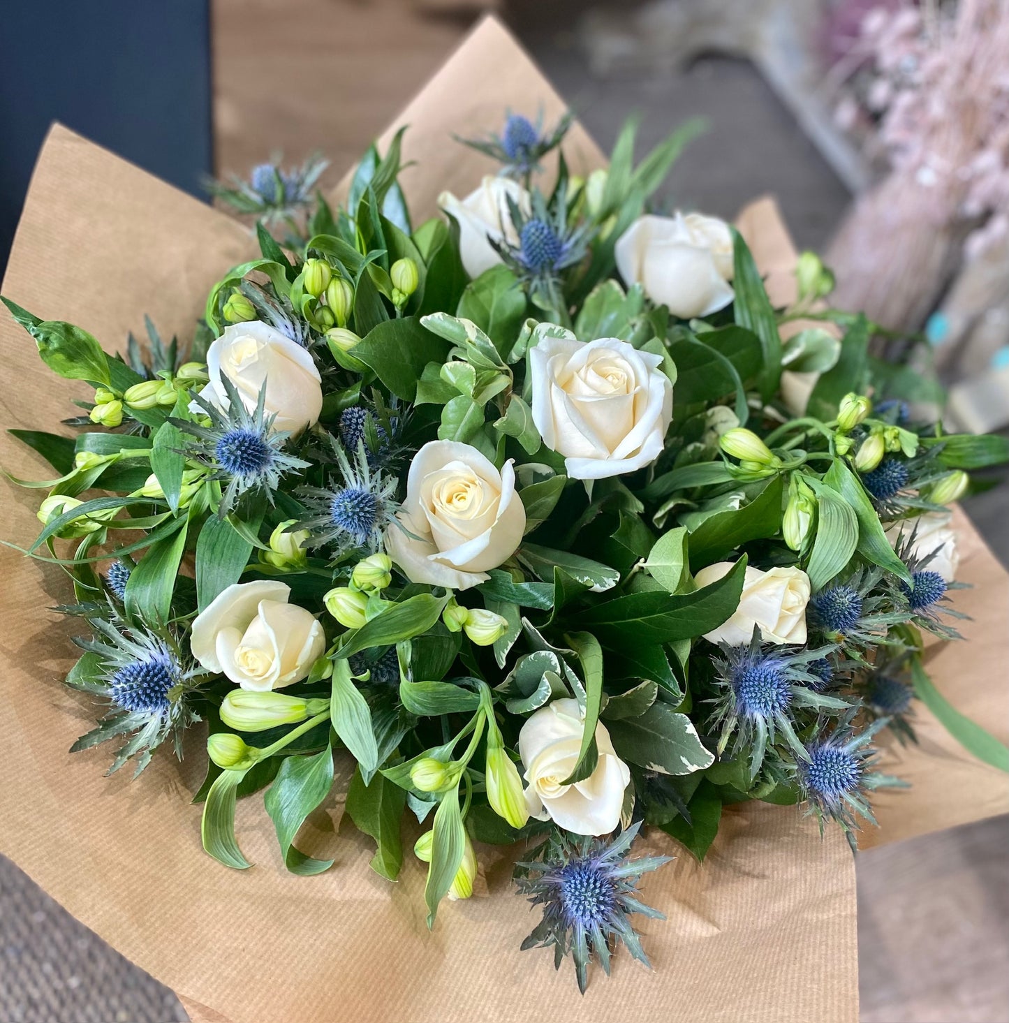 Blue and White Hand Tied Bouquet