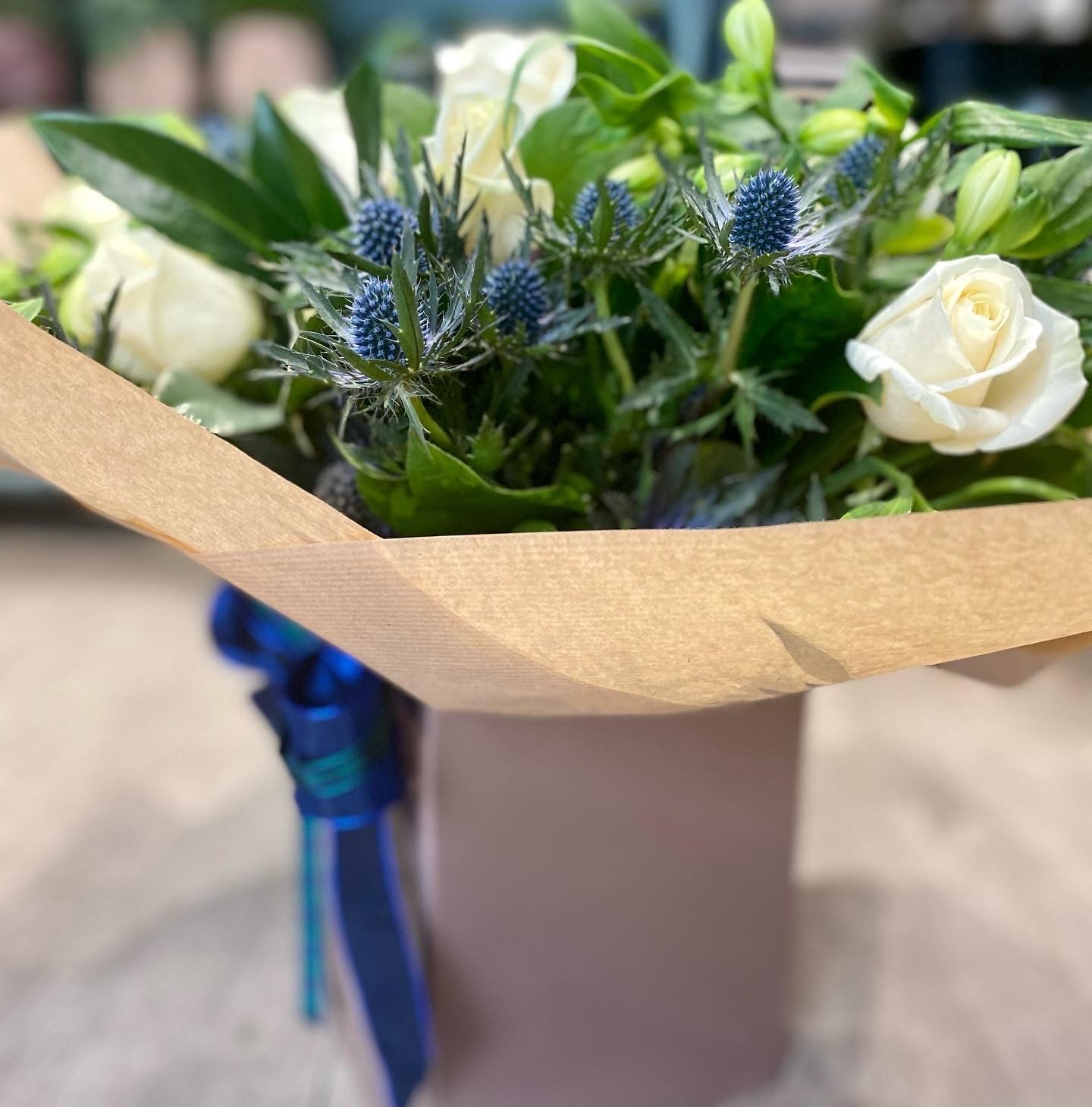 Blue and White Hand Tied Bouquet