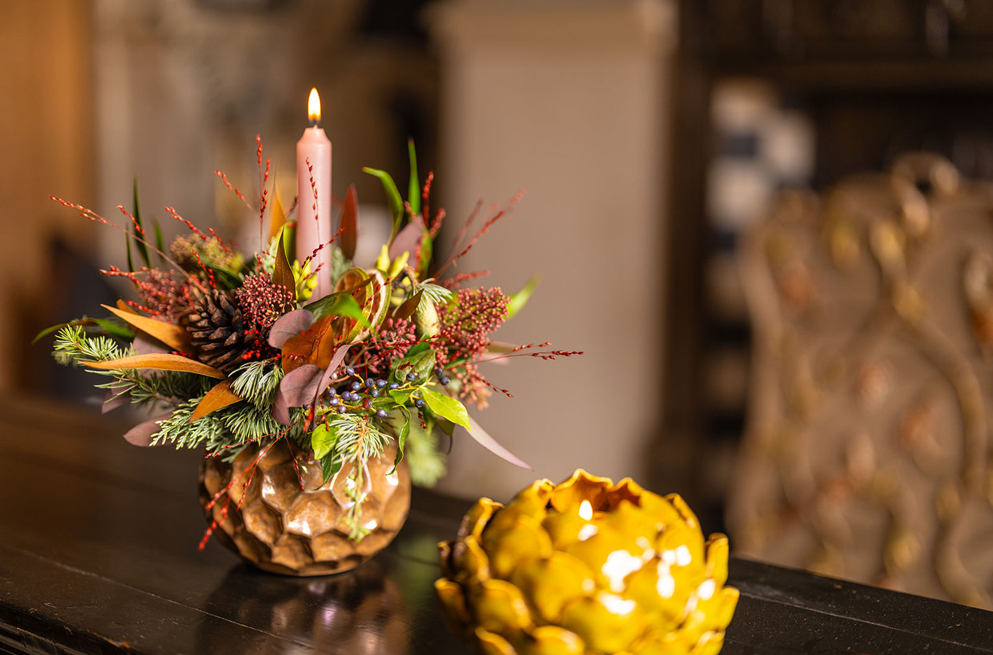 Christmas Candle Fresh Arrangement